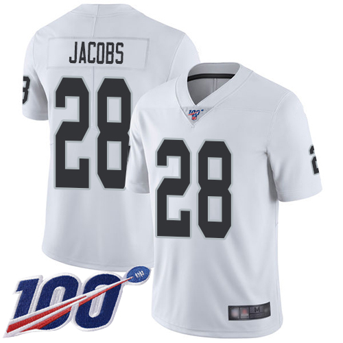 Men Oakland Raiders Limited White Josh Jacobs Road Jersey NFL Football #28 100th Season Vapor Jersey->nfl t-shirts->Sports Accessory